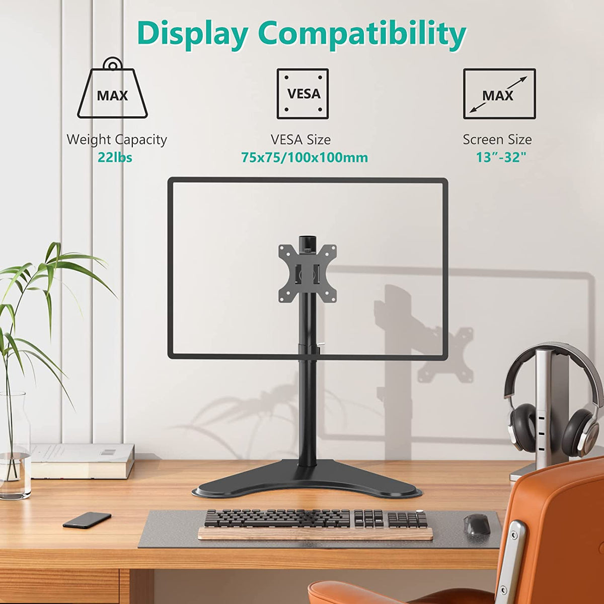 Freestanding VESA Monitor Stand for 13-32 Inch Displays, Supports Up to 22 lbs