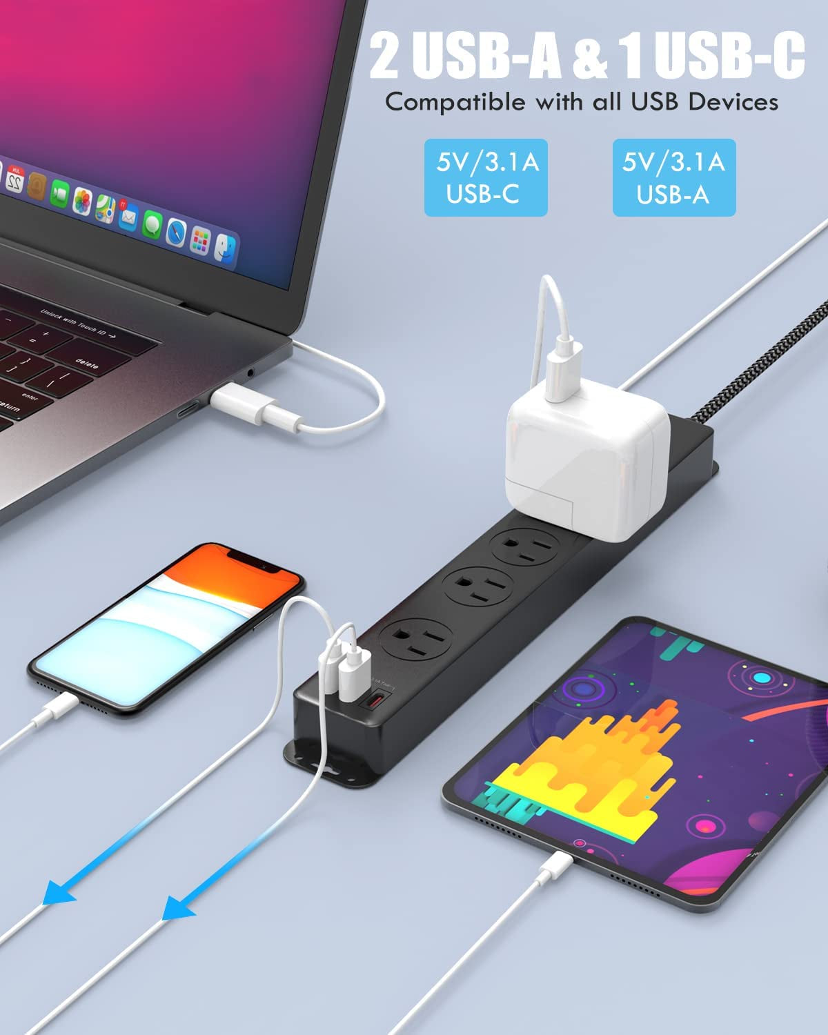 Surge Protector Power Strip with USB-C Ports and 10FT Braided Extension Cord