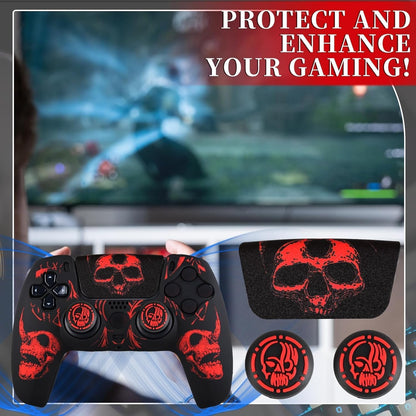 Laser Carving Silicone Skin for PS5 Controller X 1(Skulls Red) with Exclusive Thumb Grips X 8