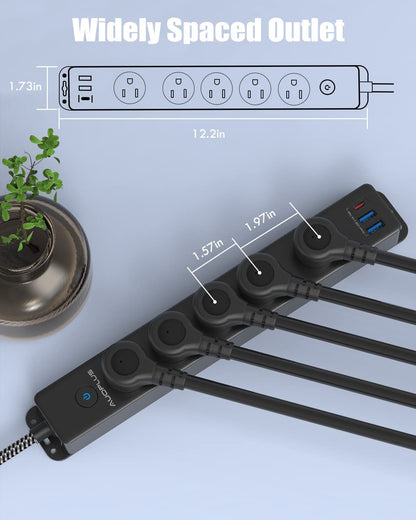 Surge Protector Power Strip with USB-C Ports and 10FT Braided Extension Cord