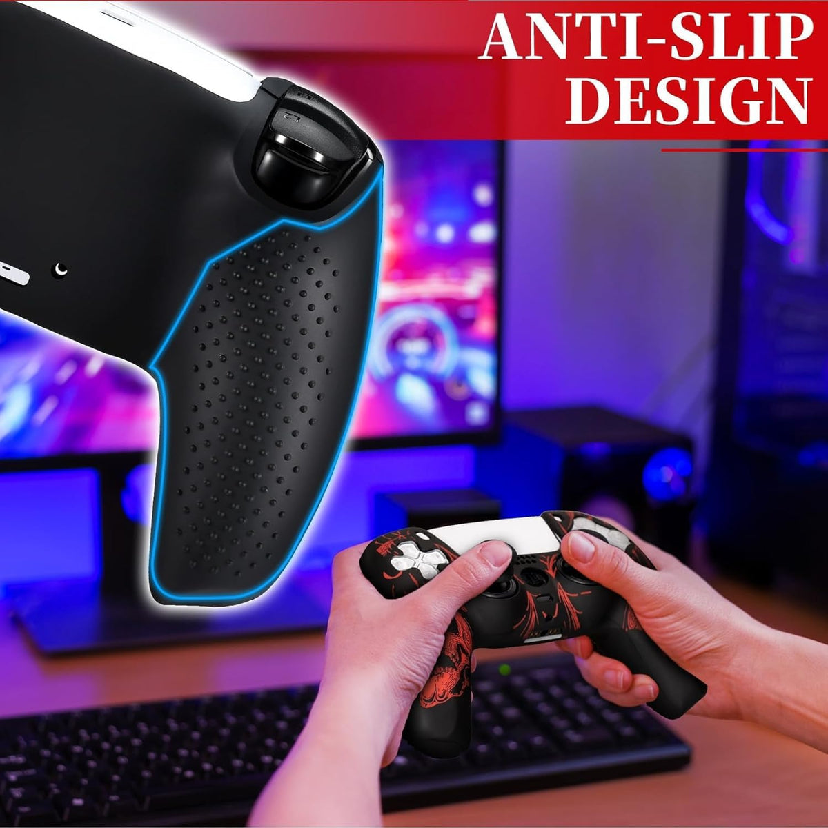Laser Carving Silicone Skin for PS5 Controller X 1(Skulls Red) with Exclusive Thumb Grips X 8