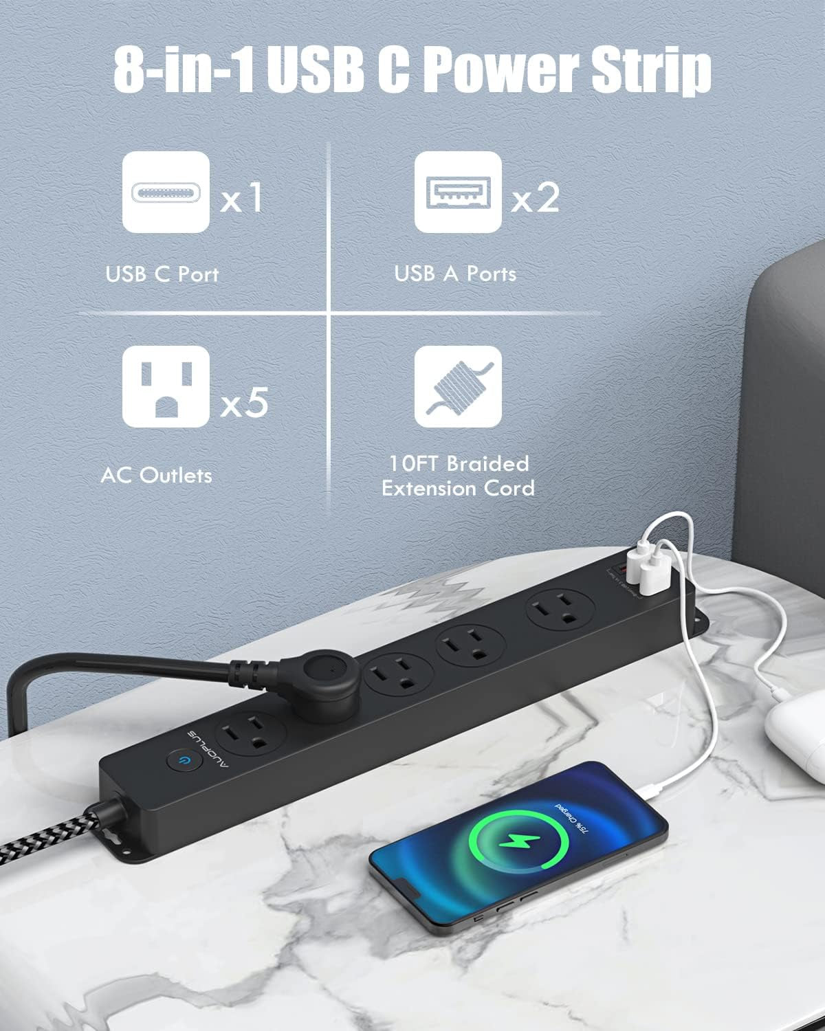 Surge Protector Power Strip with USB-C Ports and 10FT Braided Extension Cord