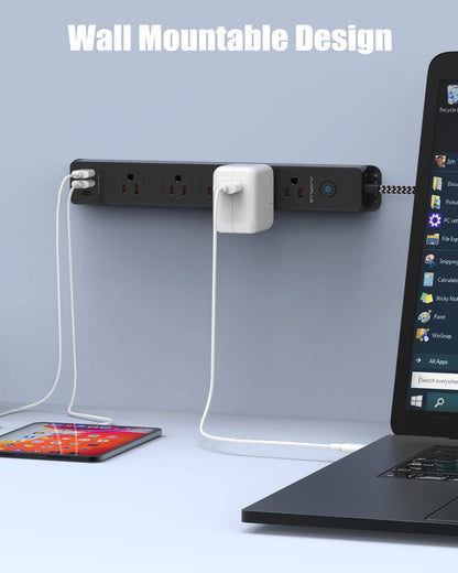Surge Protector Power Strip with USB-C Ports and 10FT Braided Extension Cord