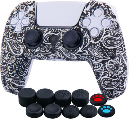 Water Transfer Printing Silicone Thickened Cover Skin Case for PS5 Controller X 1(Leaves Red) with Thumb Grips X 10