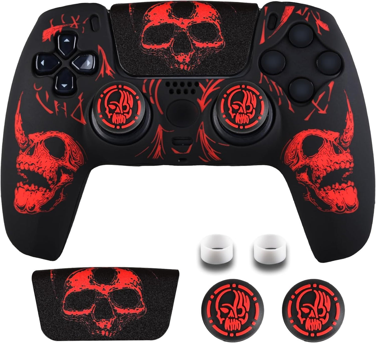 Laser Carving Silicone Skin for PS5 Controller X 1(Skulls Red) with Exclusive Thumb Grips X 8