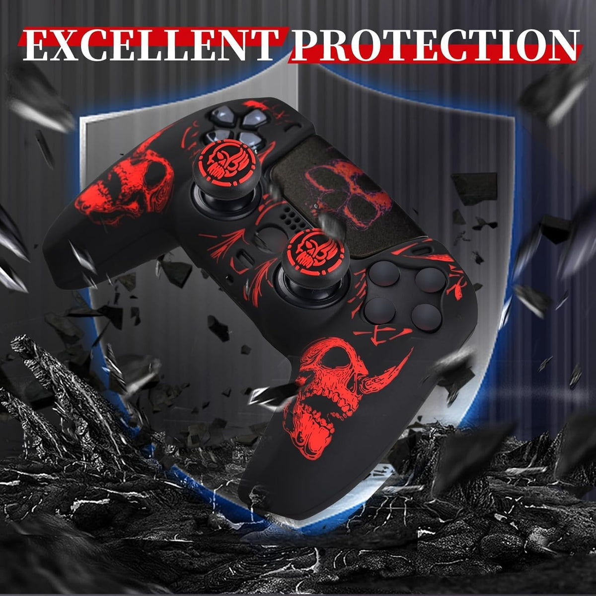 Laser Carving Silicone Skin for PS5 Controller X 1(Skulls Red) with Exclusive Thumb Grips X 8