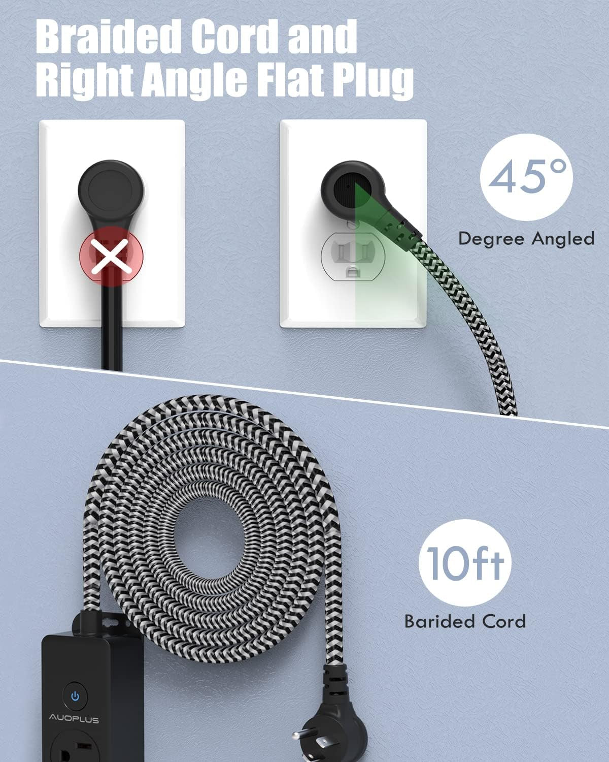 Surge Protector Power Strip with USB-C Ports and 10FT Braided Extension Cord