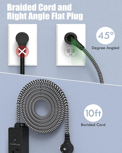 Surge Protector Power Strip with USB-C Ports and 10FT Braided Extension Cord